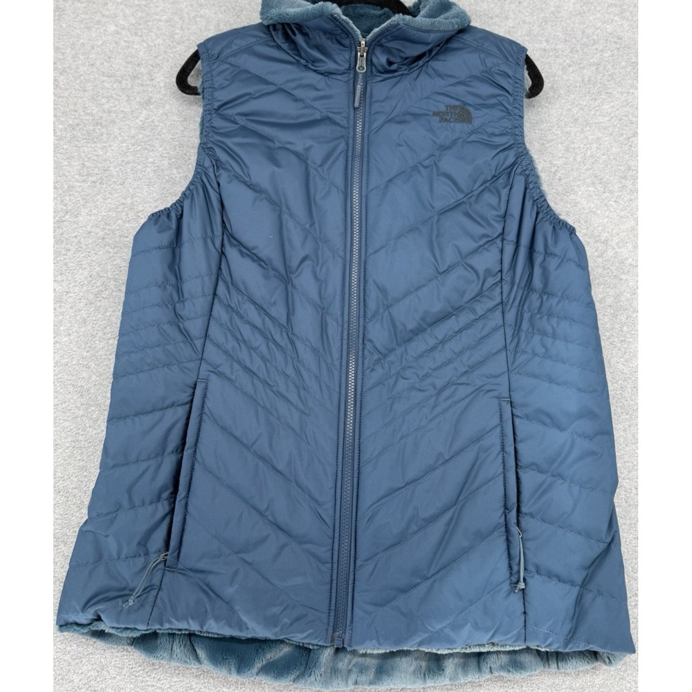 The North Face Women's Reversible Insulated Puffer Vest Blue Faux Fur Lined Zip